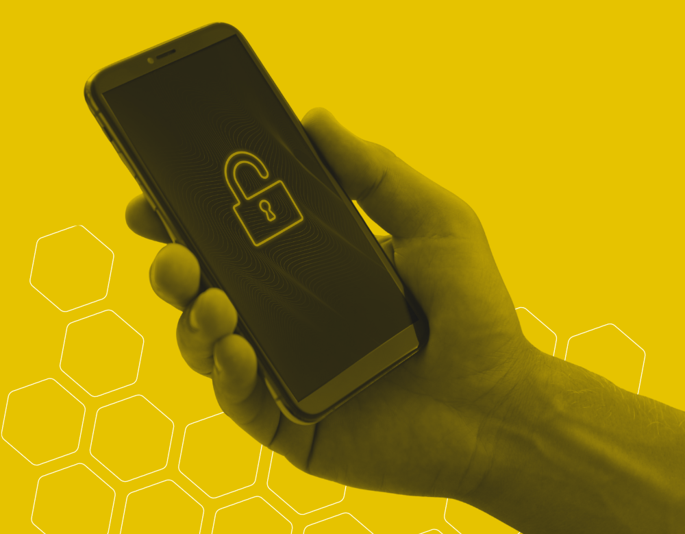 A black and yellow graphic of a person holding a smartphone with a lock screen