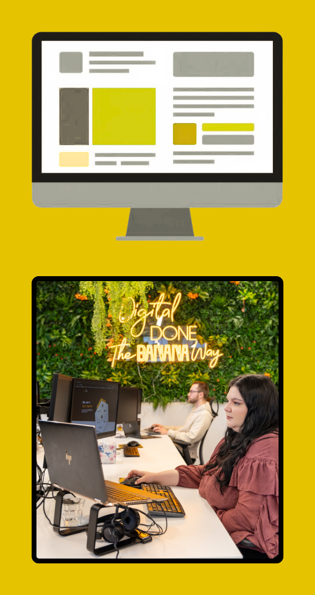 An icon showing web elements. Below this is an image of Cold Banana developers in the CB Bournemouth HQ.