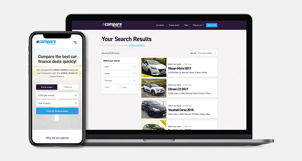 Compare Car Finance search results open on a laptop, and a car finance search tool open on a smartphone device.