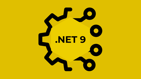 A light yellow hexagon with the word ".NET 9" centred within it. Surrounding the hexagon is a cog changing into digital nodes. The background is a darker yellow than the hexagon.