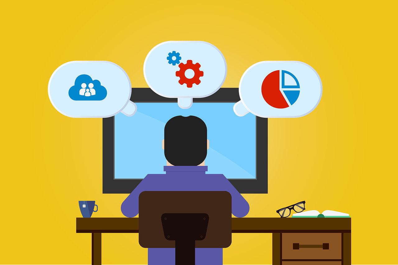 A decorative graphic showing a developer in front of a computer with a cup of tea and reading glasses, with thought bubbles presenting graphic representations of what should be considered when developing a website (cloud, security and data).