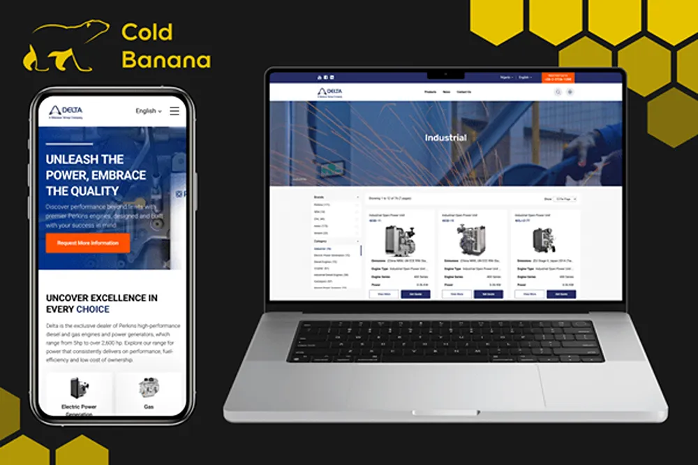 Published mockup of Delta's mobile landing page beside its industrial product catalogue on a laptop.