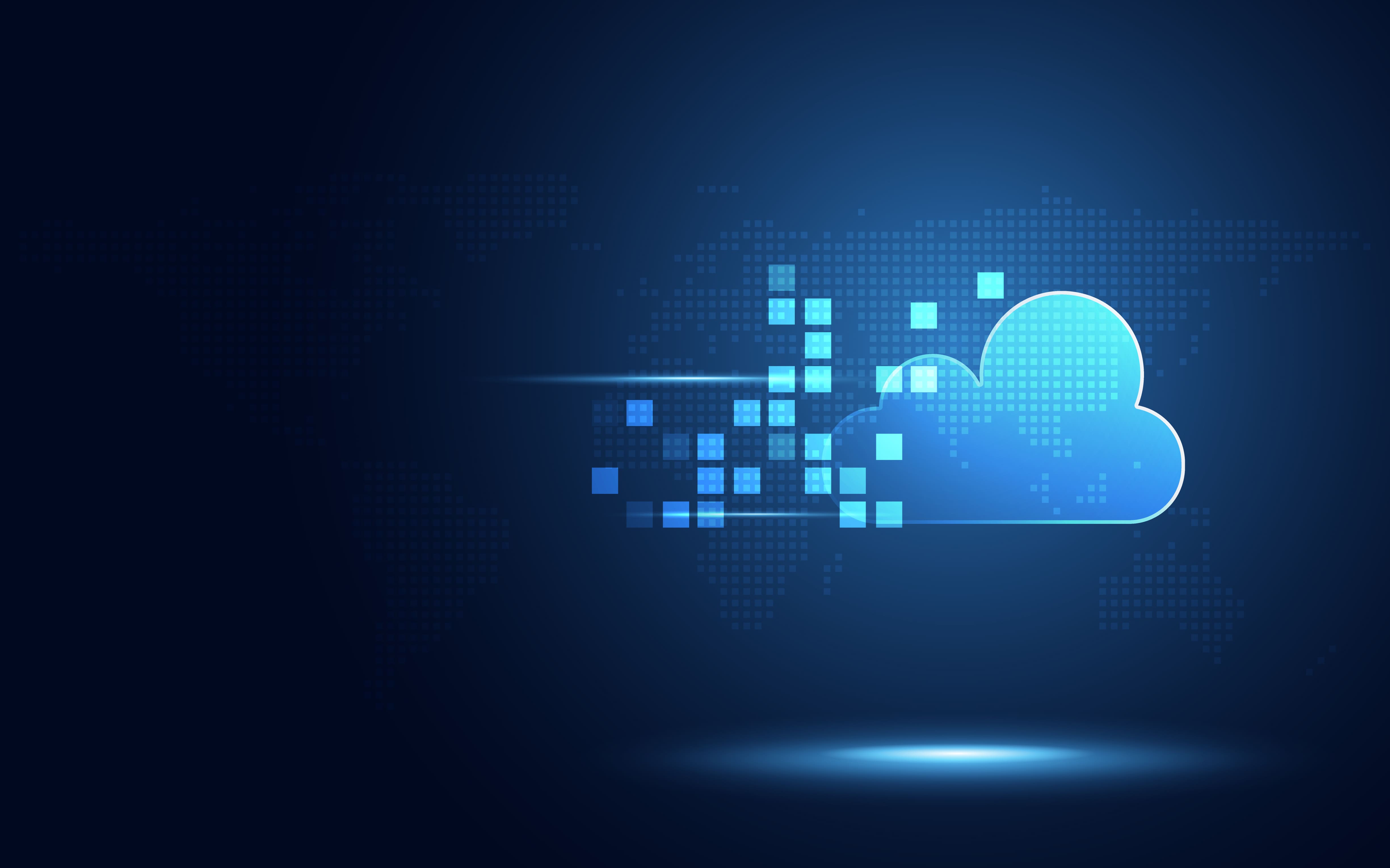 A graphical representation of a blue digital cloud trailing blue square particle effects.