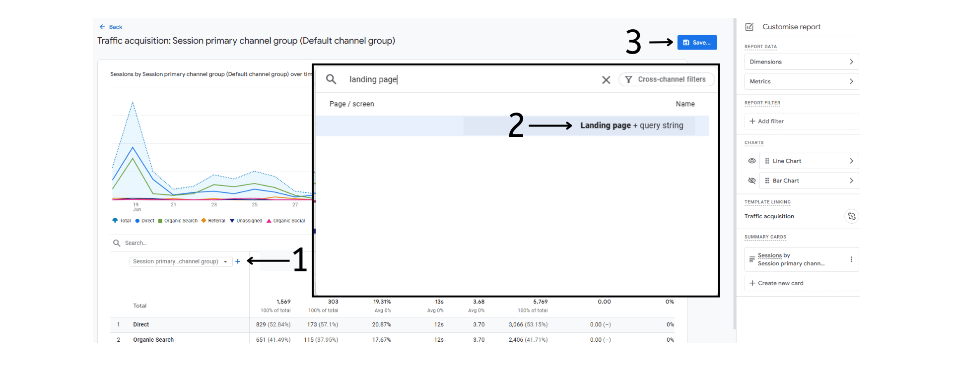AI Traffic Acquisition in Google Analytics 4  - Plus Icon, "Landing page + query" and Save selection