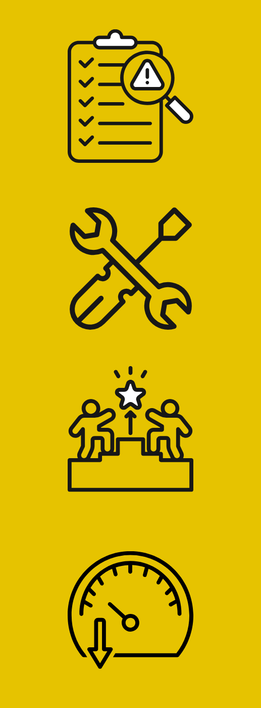 A yellow background with four icons in the foreground. First: An icon of a checklist with a magnifying glass highlighting an issue. Second: An icon of a crossed screwdriver and spanner. Third: Two competitors reaching for a star from opposite sides of a podium. Fourth: A performance dial with an arrow pointing down.