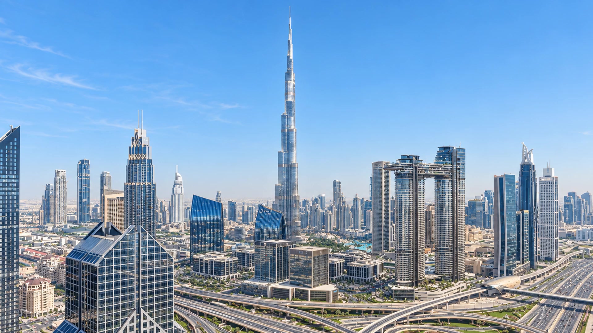 Dubai’s skyline and Sheikh Zayed Road at blue hour
