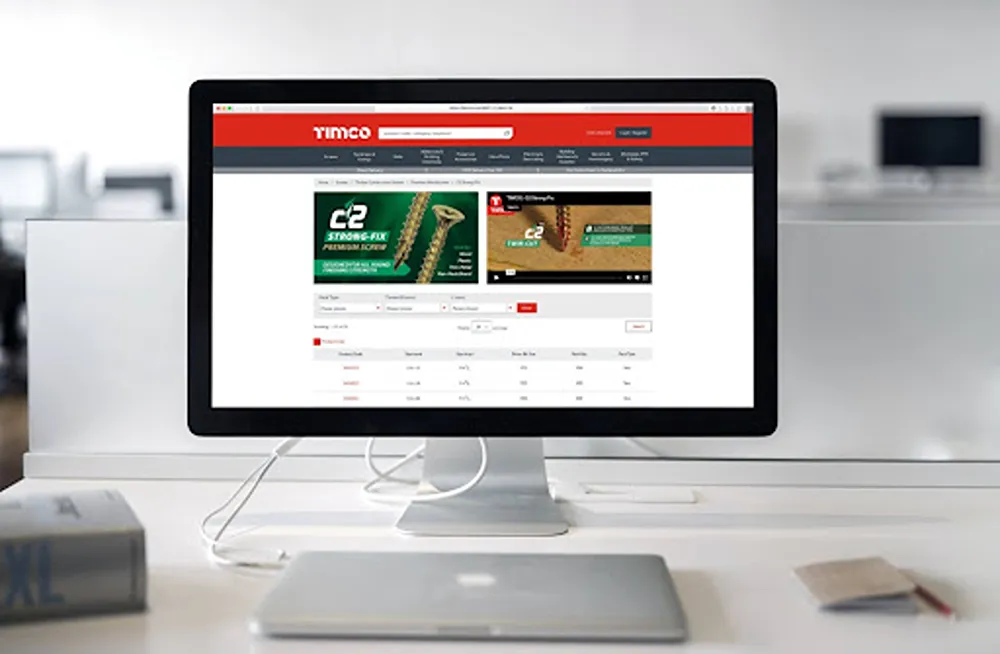 TIMCO's trade product page on a desktop monitor, with product media, filters and a product table.