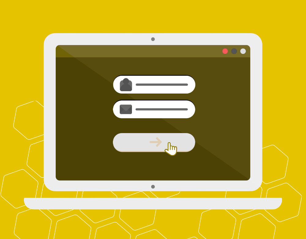 A black, yellow and white graphic of a stylised laptop with a stylised login screen present on the laptop