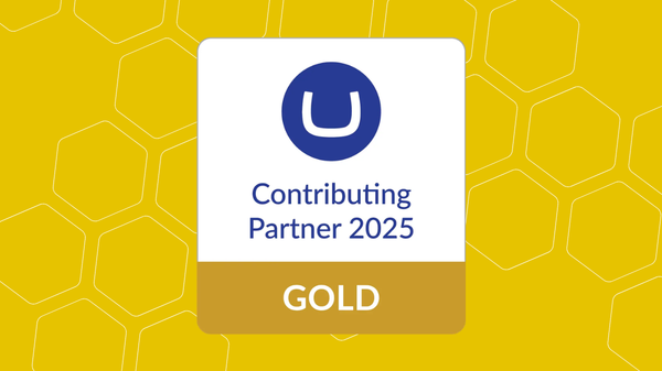 A yellow blog card with white outlined hexagons. In the centre is a rounded white rectangle which reads "Umbraco Contributing Partner 2025" with the banner beneath this in gold reading "Gold"