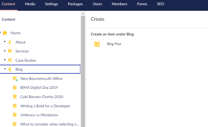 A screenshot of Umbraco 8 CMS back office with the 'Blog' content selected