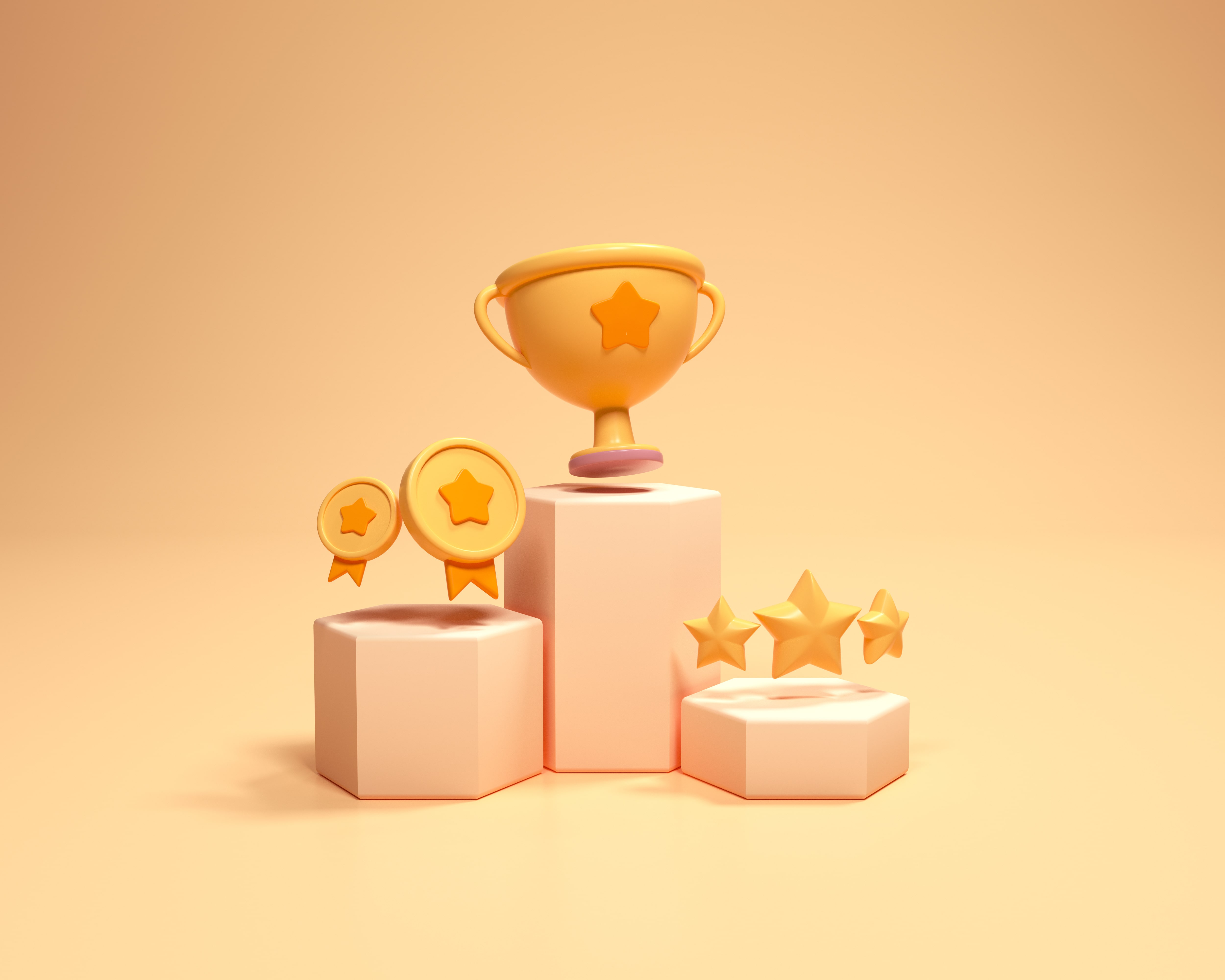 A 3D graphic of different awards on a podium (3rd place with 3 stars, 2nd place with 2 medals, and 1st place with a golden cup)