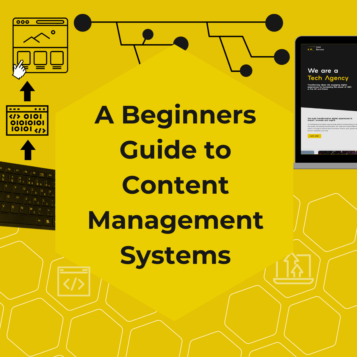 A graphic featuring a laptop, a computer mouse and a keyboard surrounding a yellow hexagon within which is the text "A Beginners Guide to Content Management Systems"