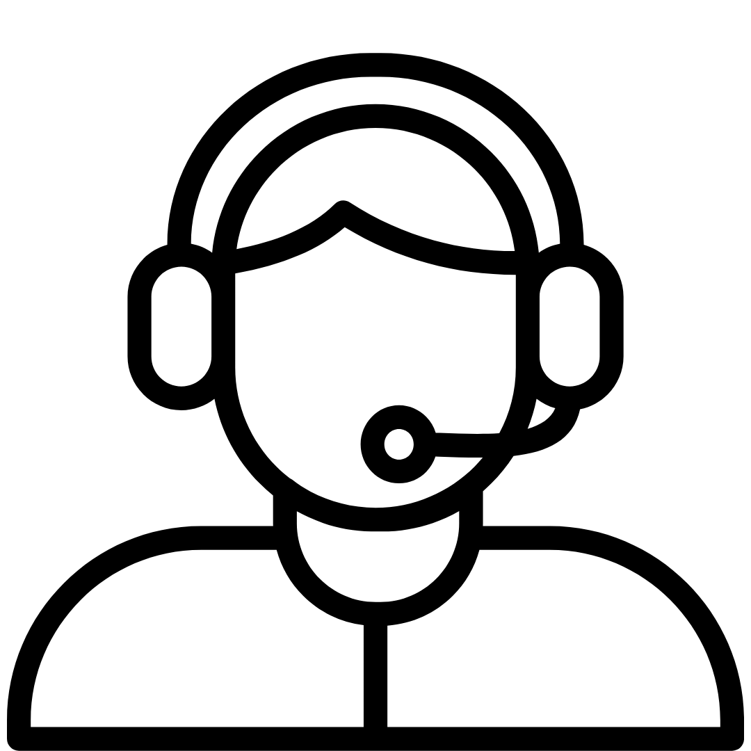 A black icon of a person wearing a headset with a microphone