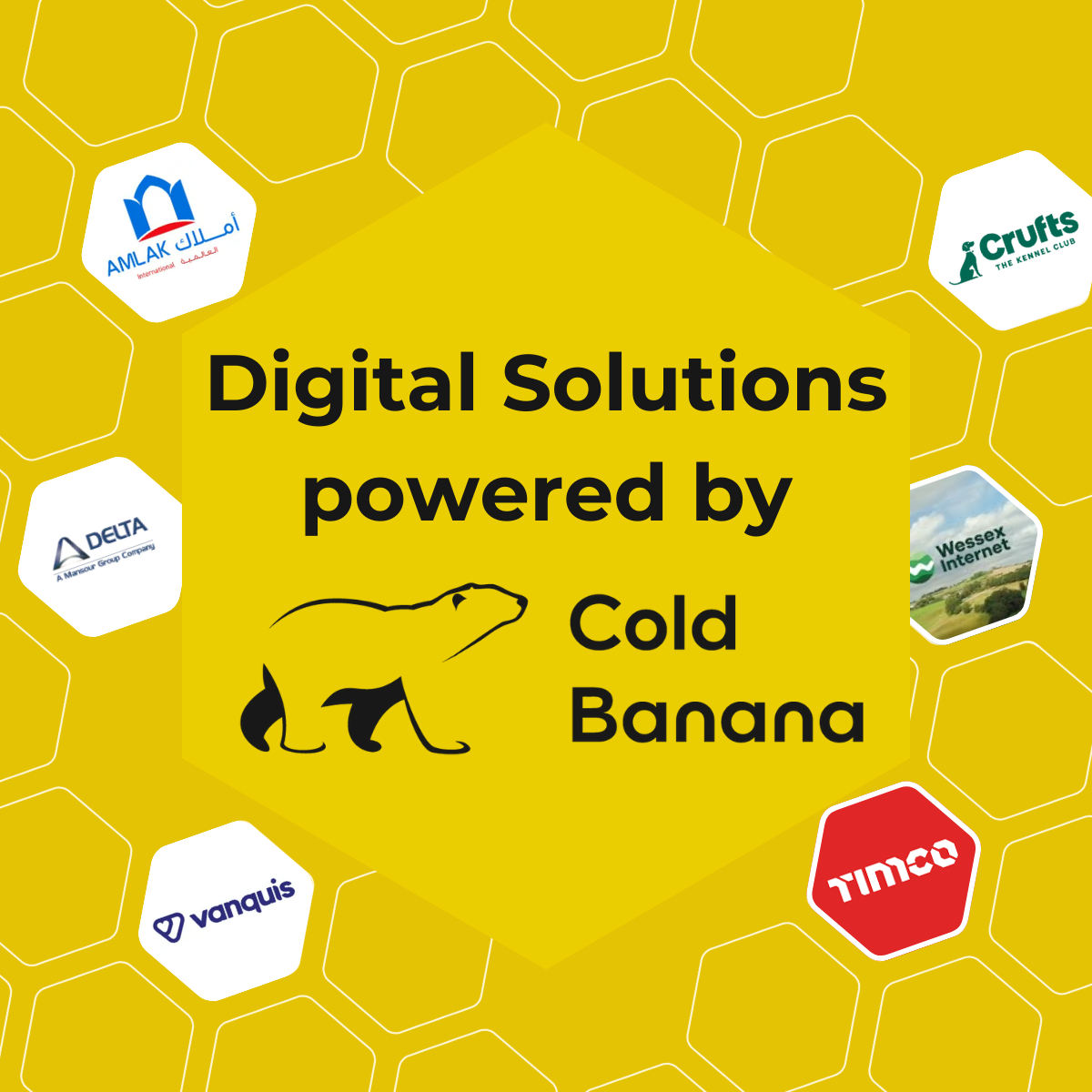A graphic featuring Cold Banana clients (Amlak, Crufts, Delta, Wessex Internet, Vanquis and TIMCO) surrounding a yellow hexagon, within which are the words "Digital Solutions Powered by Cold Banana"
