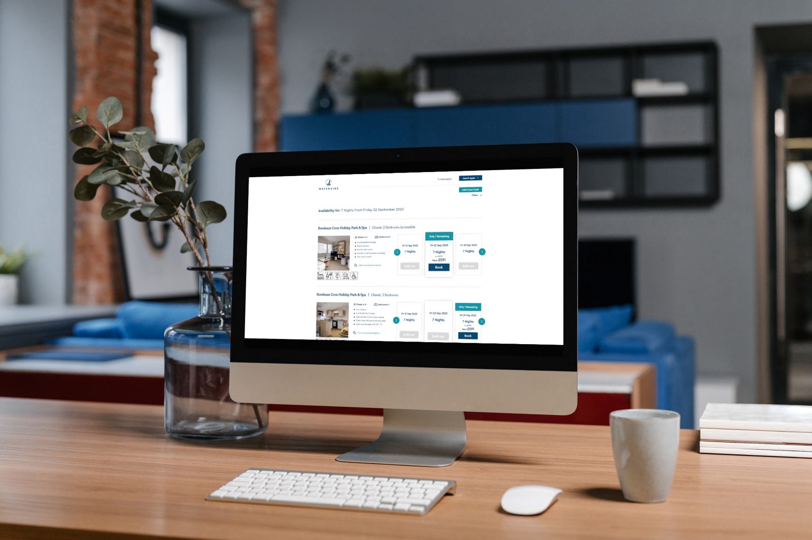 Waterside holiday availability shown on a desktop screen, with lodge options and book buttons.