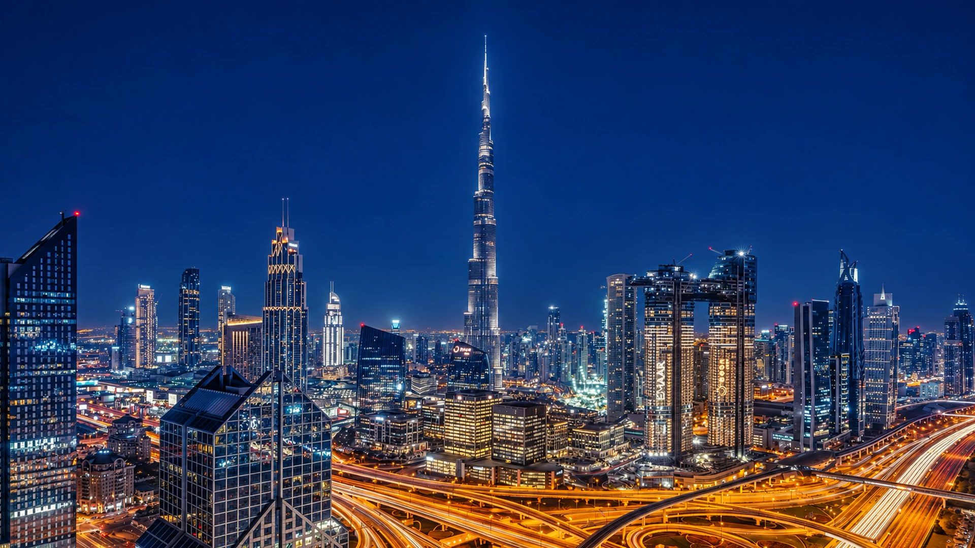 Dubai’s skyline and Sheikh Zayed Road at blue hour