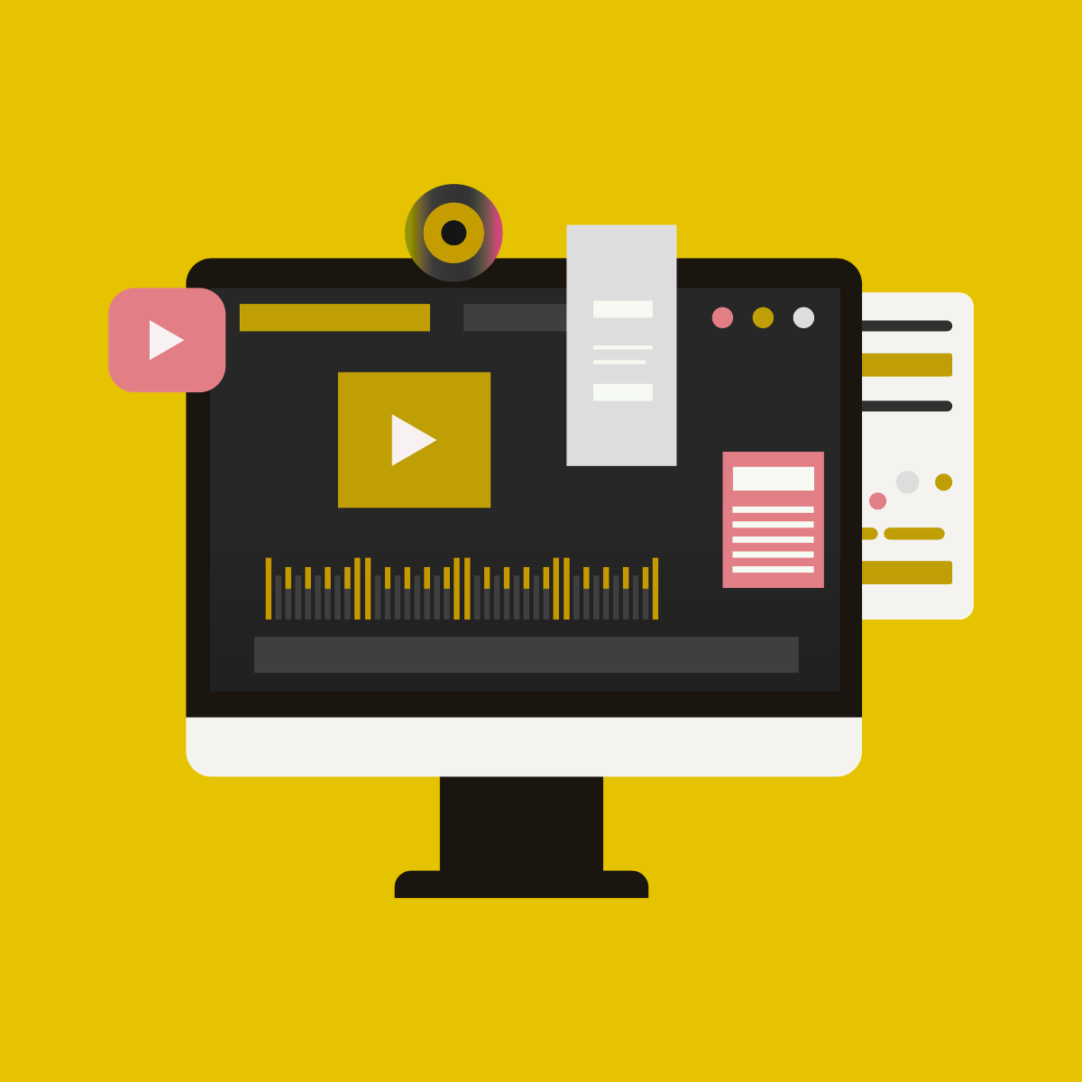 An icon of different types of content being edited on a desktop computer monitor.